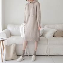 Early autumn gentle wind sweater dress autumn and winter Korean version of knee loose hooded long bottomed knitted sweater skirt