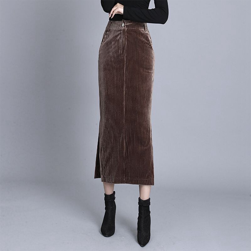 Autumn-winter high waist thickened lamp core suede slim fit slim fit Warm Wrap Hip large size Elastic Step Skirt Asdf