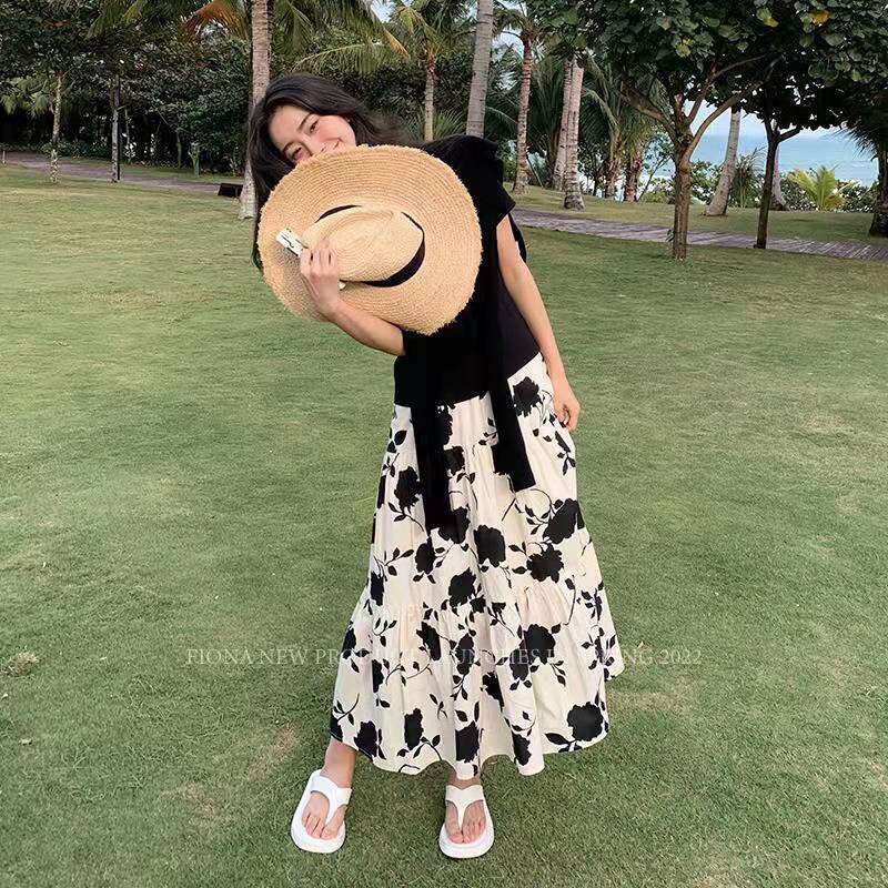 2022 Spring Summer South Korean foreign pie high waist A character large pendulum printed long dress pleasy and pleasanly slim fit nepotism woman a