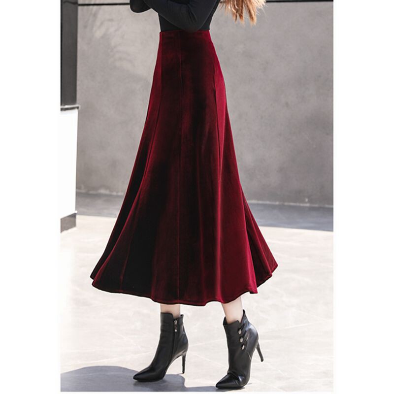 Retro display slim red gold velvet half body dress woman autumn and winter high waist eight pieces A character large swing skirt Umbrella skirt with long asd