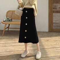 Thickened knitted skirt womens autumn and winter new winter dress long hanging knee high waist button A- line dress