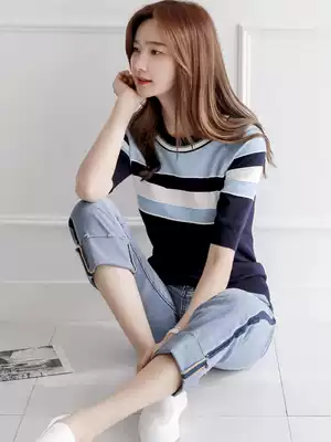 Denim short sleeve royal sister set 2021 New Light mature wind age age thin temperament ice silk knitted two-piece summer