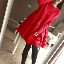 Red medium long sweater womens winter loose Korean base dress thick warm inner pullover sweater skirt