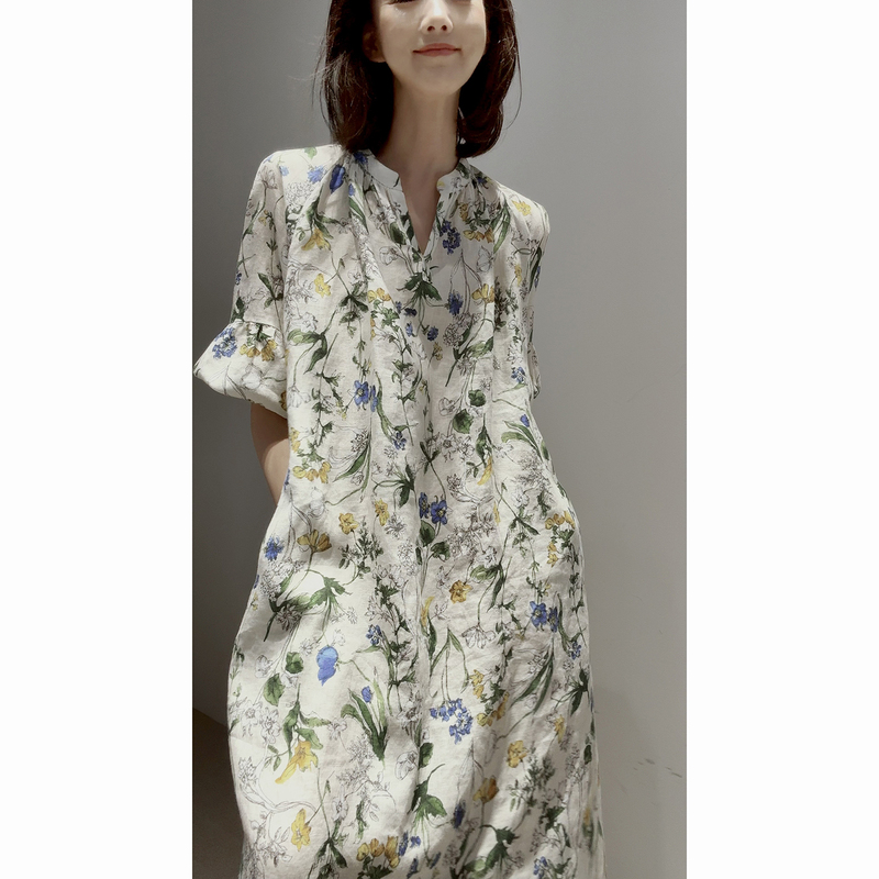 Huge Stock! [All Linen_Breathable and Non-Sticky/French Hand-Painted Print] Lantern Sleeves/Relaxed Fit Dress