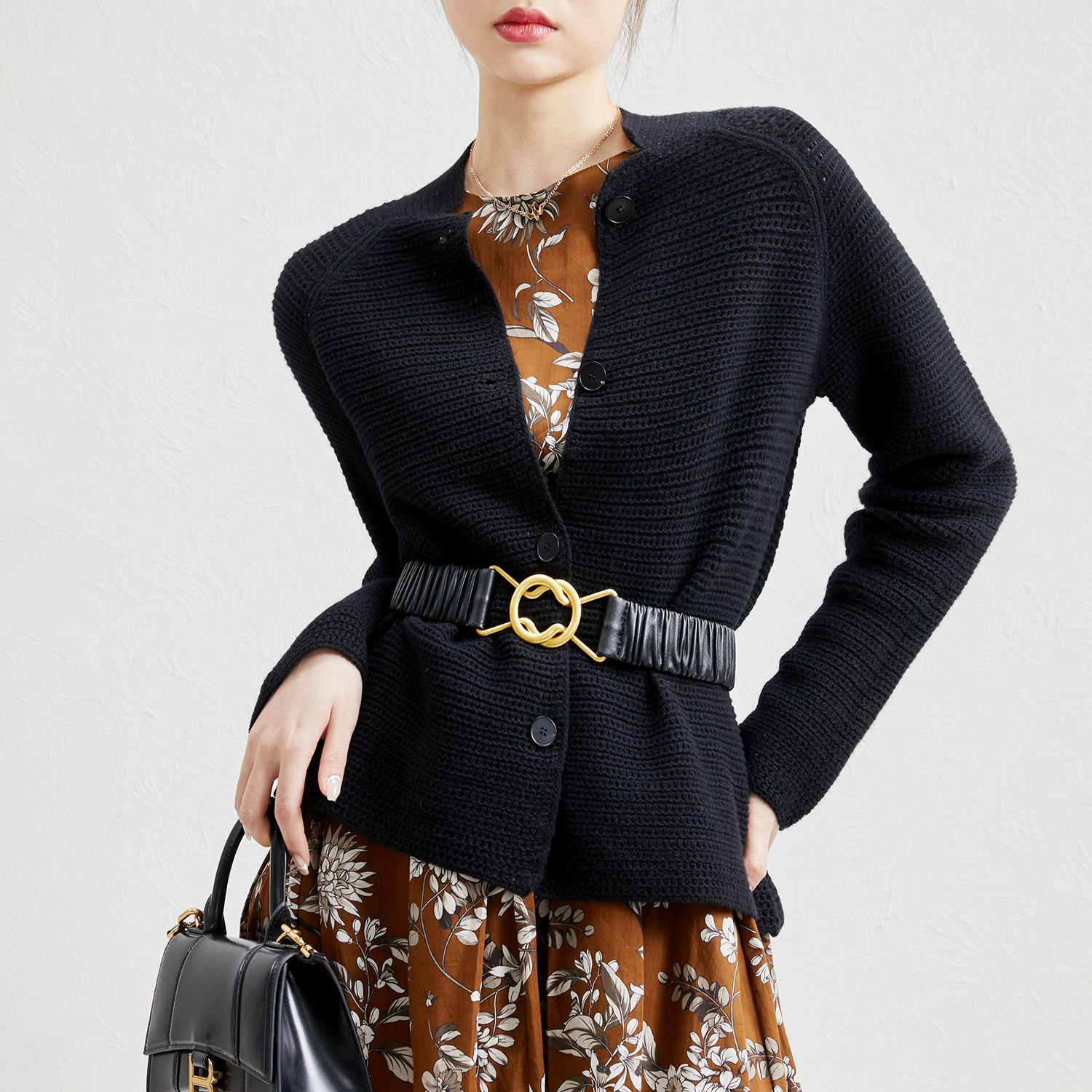 Jung Mei (ZZ0312735) spring and summer new full wool hollowed-out jacquard knit cardiovert hand hook stand collar