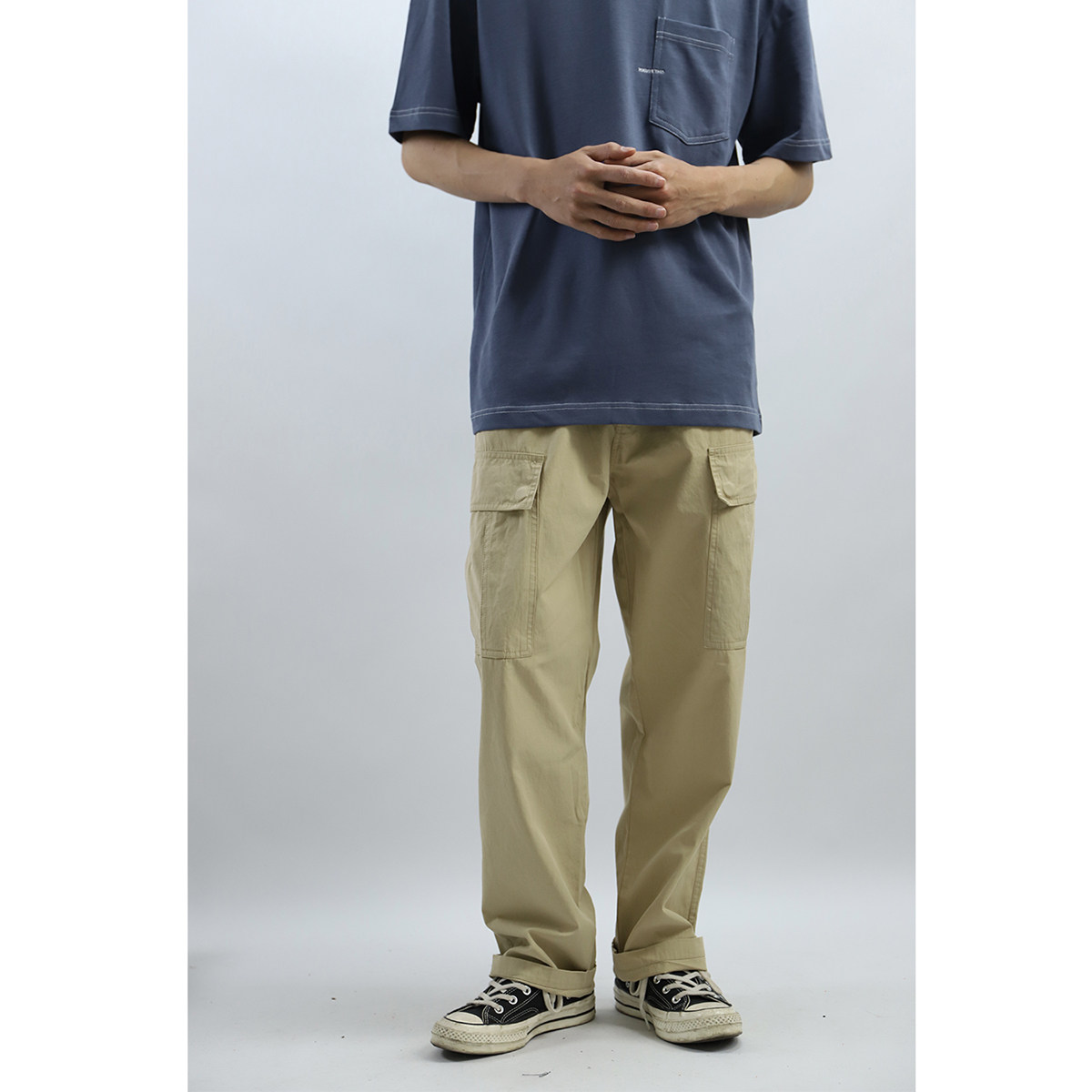 Sixpence OXYGEN Cotton Enzyme Washed Multi-Pocket Khaki Loose Casual Overalls-