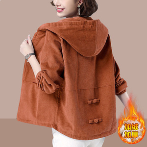 禅羽正品女士加绒外套宽松灯芯绒短夹克