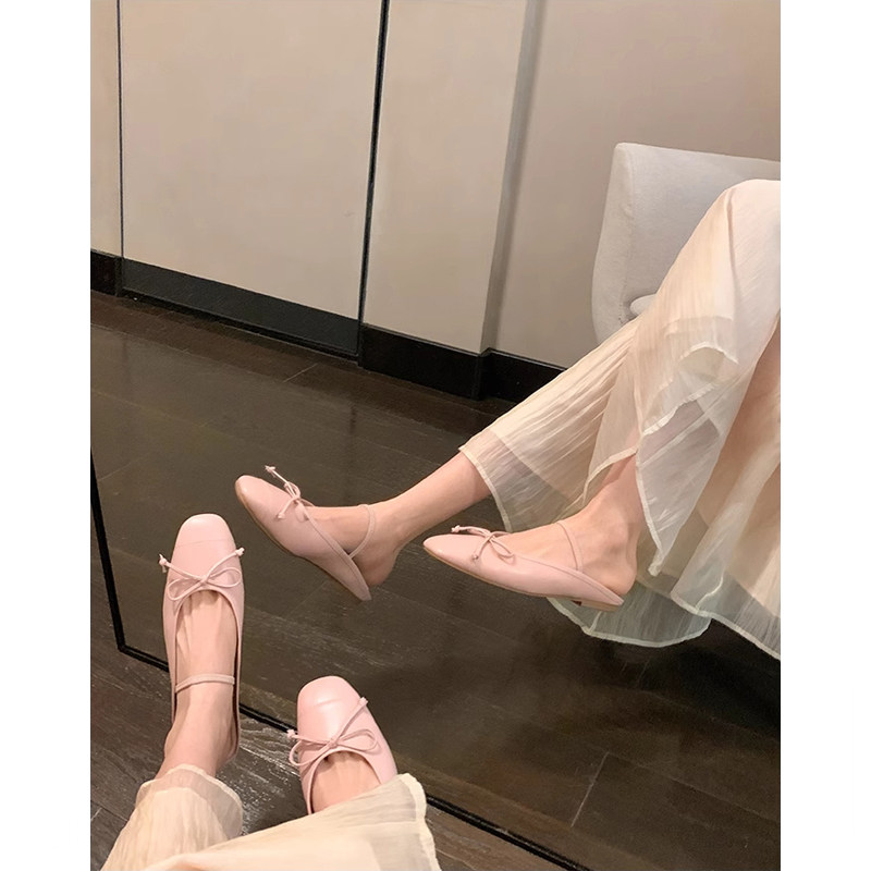 Two-way square-toe bow-tie French-style ballet flat sandals with ankle straps/open back sandals for women