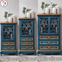 American-style solid wood retro painted carved hollow wine cabinet European-style living room locker multi-functional tea cabinet storage cabinet
