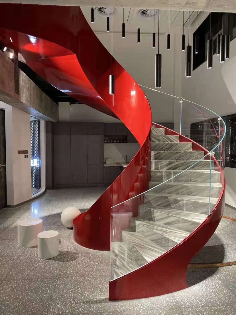 Rotating steel plate arc stairhousesSteel plate stairs holistic steel plate staircase double deck steel plate staircase network red stairs