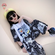 Fried Street Children Clothing Mens Summer Clothing Children Short Sleeve Anti-Mosquito Pants Suit Boy Girl Girl Casual Cartoon Splicing Two Sets Cool