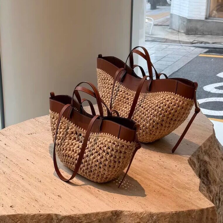 High-End Imitation Leather Woven Straw Bag, Straw Woven Bag, Beach Vacation Raffia Hollow-Out French-Style Shoulder Handbag