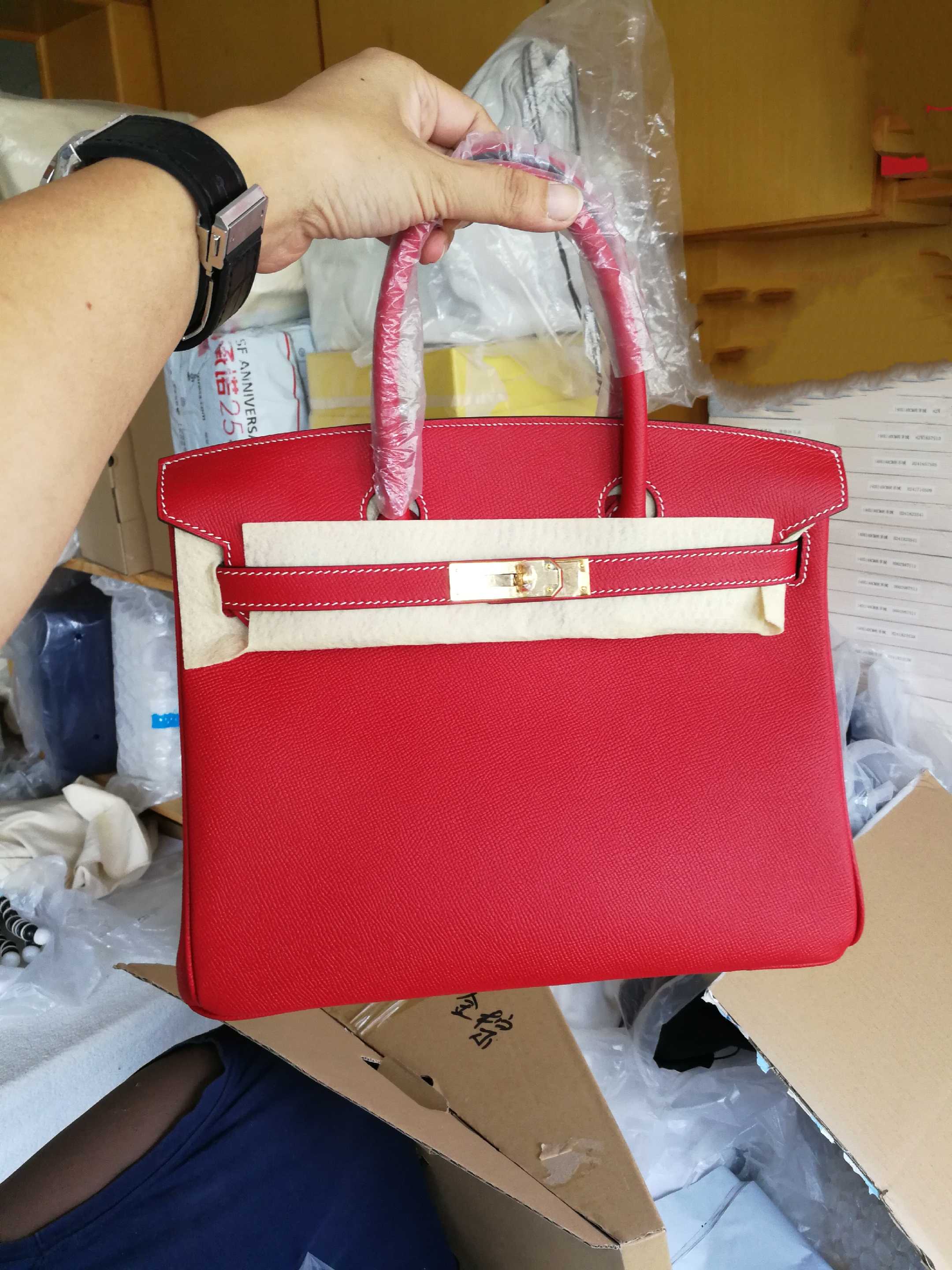 All handmade wax thread sewing bk30 platinum bag original epsom leather flag red Q5 inner spell electric blue women's bag