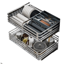 Pindaojia pull basket kitchen cabinet bowl basket 304 stainless steel double layer drawer storage dish rack cabinet pull basket 49