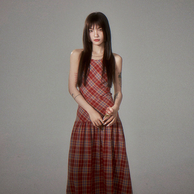 ການອອກແບບຕົ້ນສະບັບ plaid suspender dress fairy backless strappy skirt ຍາວສໍາລັບແມ່ຍິງ