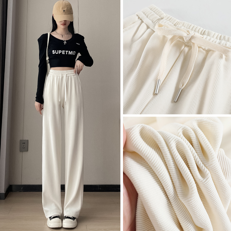 Narrow White Wide-Leg Pants for Women, Spring, Autumn, and Winter 2025, Drapey Chenille with Fleece, Petite Straight-Leg Casual Pants