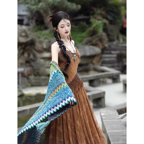 Этнический кардиган, платье-комбинация, комплект, юбка из провинции Юньнань, этнический стиль, стиль бохо