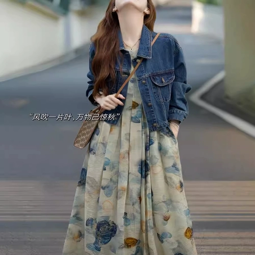 Джинсовая куртка, платье-комбинация, комплект без рукавов, изысканный стиль