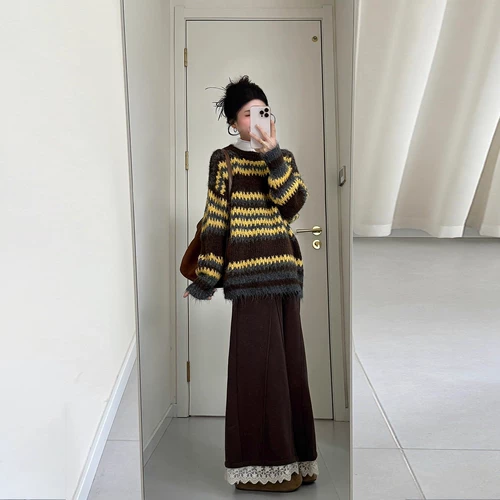 Пуховик, трикотажный свитер для отдыха, штаны, комплект, большой размер