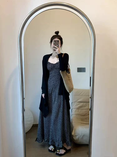 Осенний кардиган, платье-комбинация, комплект, ретро платье, большой размер, французский стиль