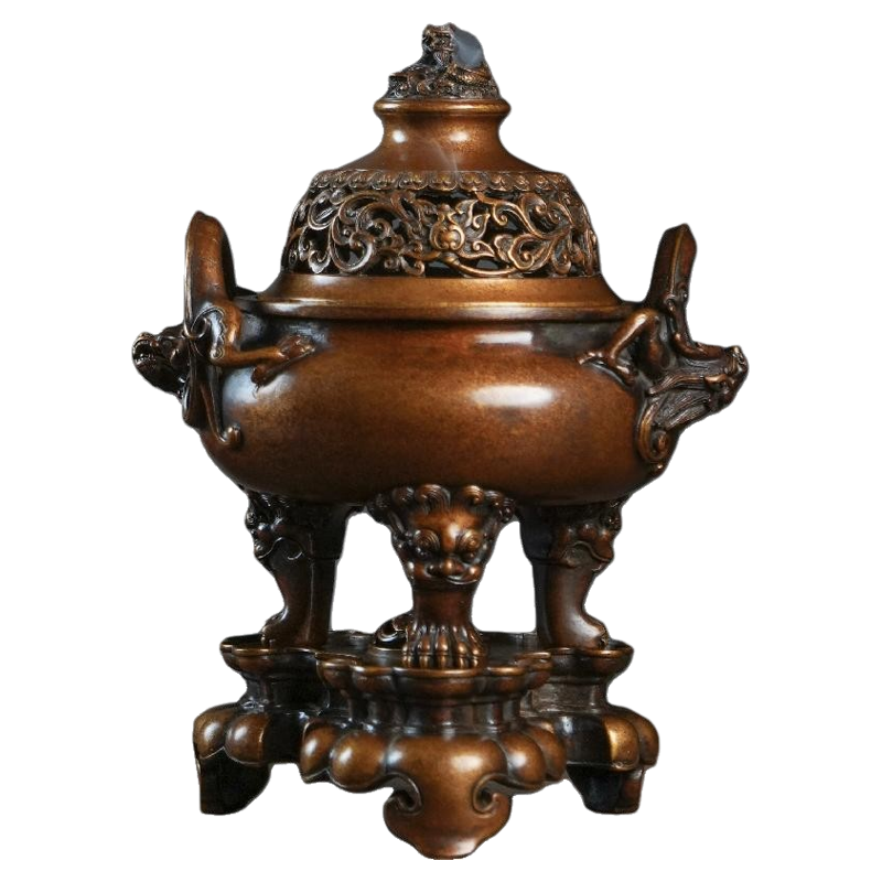 铜器  香炉  三足象耳三面狮头香炉 香道具  工艺品  美术品  摆件 铜器 香炉 三足象耳三面狮头香炉 香道具 工艺品 美术品