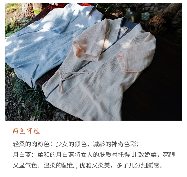 Thiết kế ban đầu giữa mùa hè Qingshuixi Cải tiến Hanfu nữ cổ áo sơ mi cotton ngắn tay cotton ngắn tay - Áo sơ mi