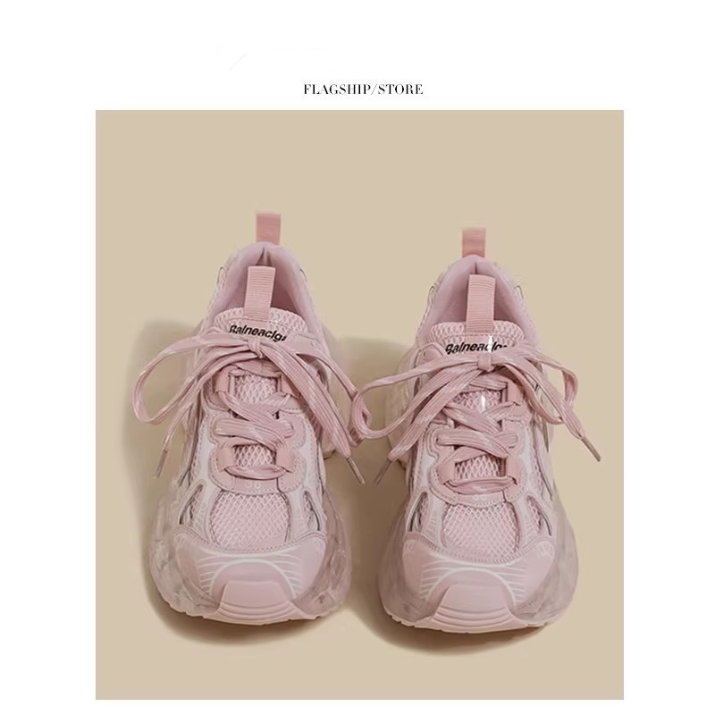 Pink Dad Sneakers for Women, Fashionable Spring and Summer New Style, Versatile with Wide-Leg Pants, Niche Crystal Transparent Trendy Sneakers