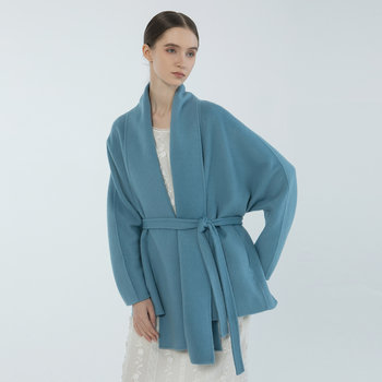 READ_ME读我粉蓝围巾领文艺系带短款廓形大衣B10924502