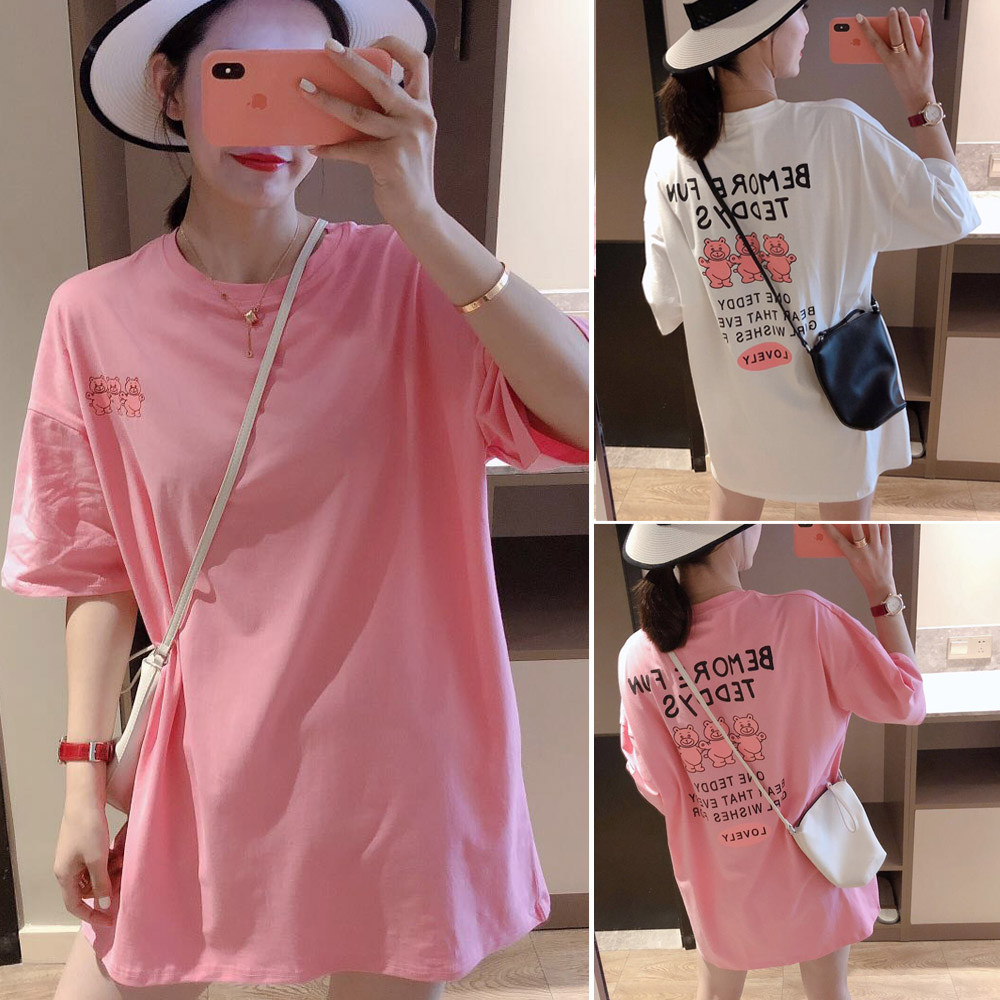 Mid-length loose large bear T-shirt women short sleeve 2022 summer new salt fried street ins trendy brand cotton top