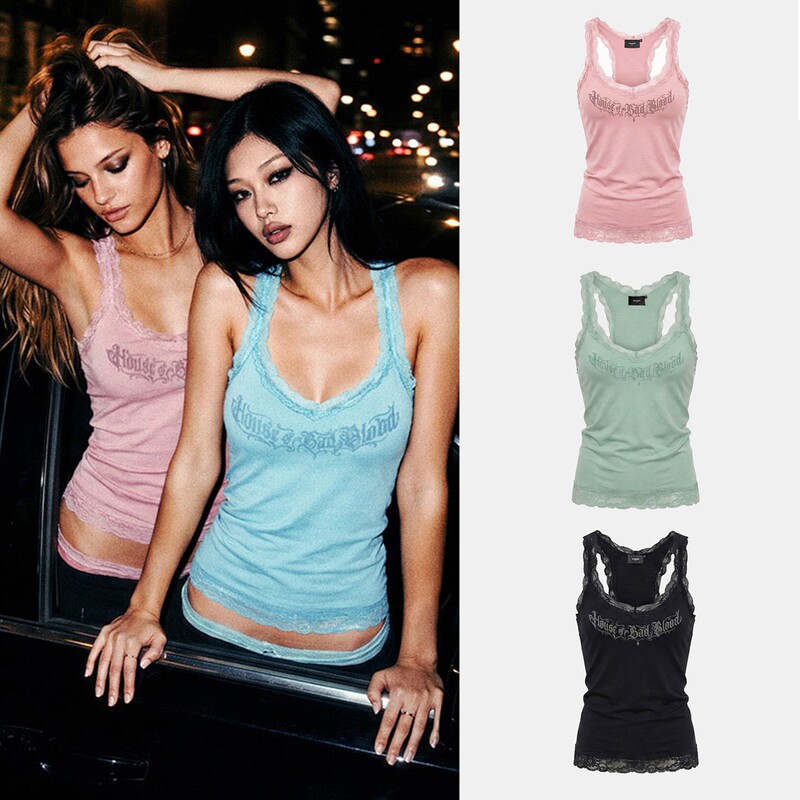 Badblood American-Style Lace-Trimmed Racerback Tank Top with Vintage Letter Print, Dopamine Outfit for Hot Girls, Outerwear Tank Top
