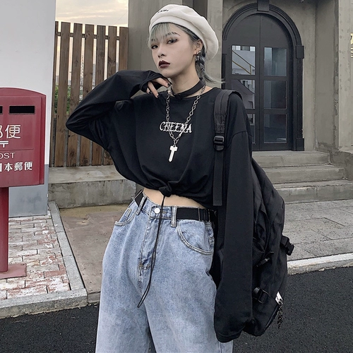 Брендовый короткий лонгслив в стиле хип-хоп, высокая талия, в корейском стиле