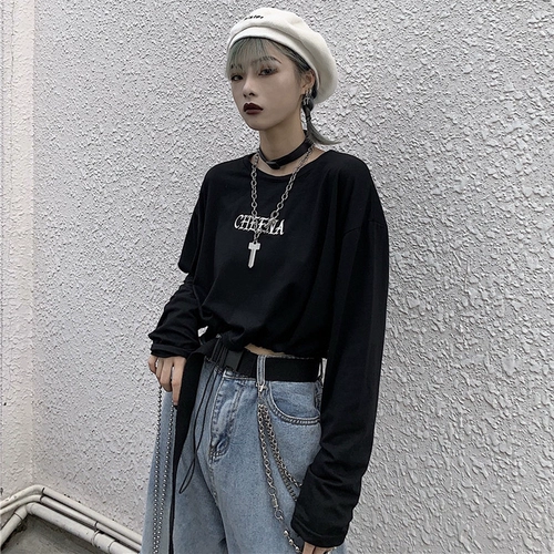 Брендовый короткий лонгслив в стиле хип-хоп, высокая талия, в корейском стиле