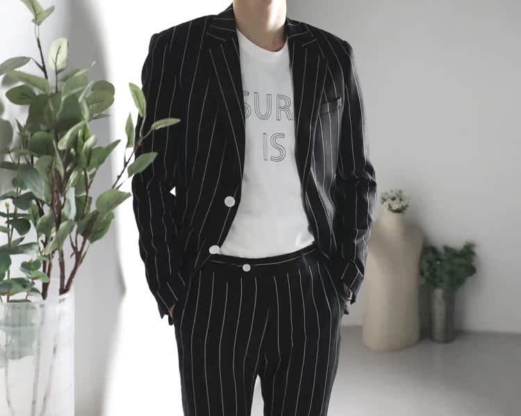 BIGGEZI British high street thin slim slim suit suit black sọc dọc tính khí giản dị phù hợp với hai mảnh - Suit phù hợp vest nam đẹp