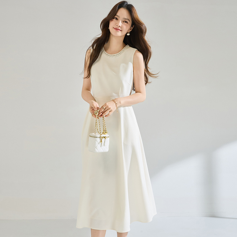 [Yishiya] 26 Spring/Summer White Moonlight Beaded Hepburn Style White Dress Elegant Little Formal Dress Long Dress