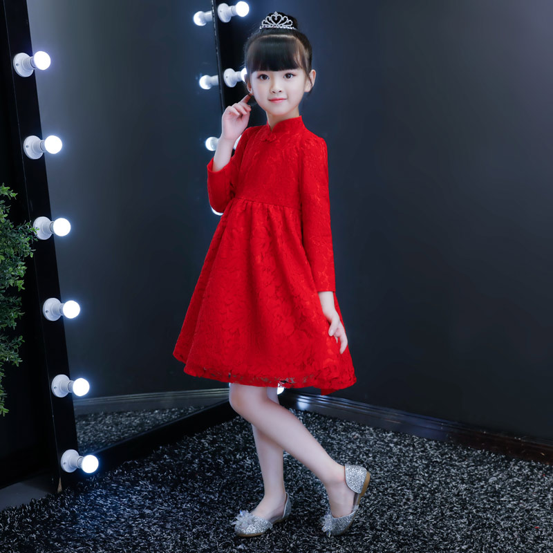Girls dress autumn and winter Western style girl skirt plus velvet New Year winter skirt cheongsam children's princess dress red dress