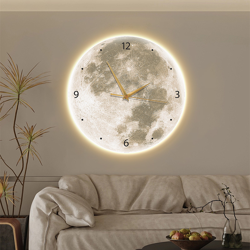 Moon Clock Living Room Clock Decorative Painting Wabi-Sabi Style Wall Lamp Bedroom Creative Trendy Wall Clock Silent Light Luxury Wall Art
