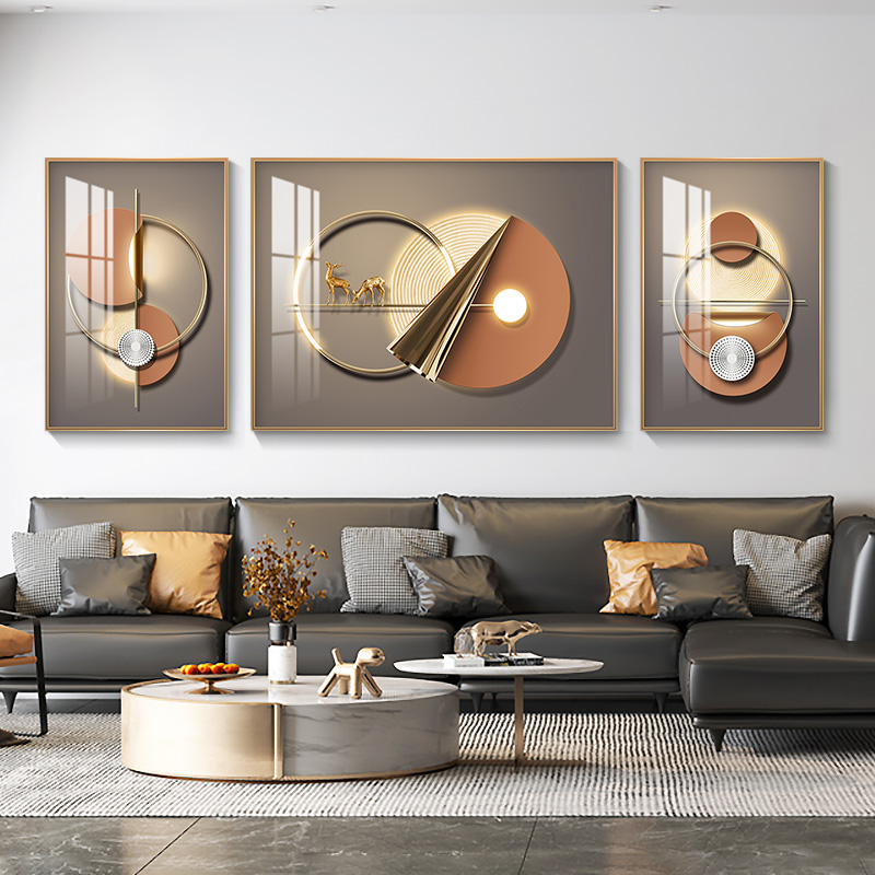 Fu Lu full circle light luxury sofa background wall decoration painting living room high-end atmospheric painting creative geometric triptych