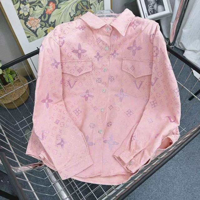 2024 Autumn New Heavy Industry Letters Hot Diamond Printed Denim Shirt Jacket Women's Loose Fashion Casual Style Top