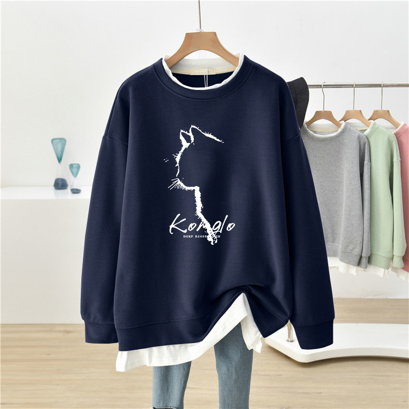 ファットmmフェイクツーピーススウェットシャツ女性2025新しい薄い大きいサイズオーバーサイズニッチデザインは、腹の上部をカバーします