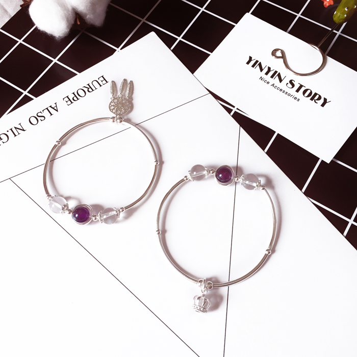 YINYIN CÂU CHUYỆN ■ tự nhiên tinh thể dâu tây moonstone thạch anh tím trắng bracelet sterling silver bracelet đột quỵ đào mật ong bạn gái