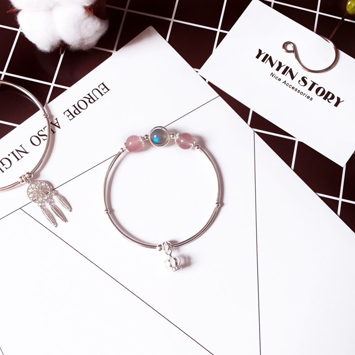 YINYIN CÂU CHUYỆN ■ tự nhiên tinh thể dâu tây moonstone thạch anh tím trắng bracelet sterling silver bracelet đột quỵ đào mật ong bạn gái