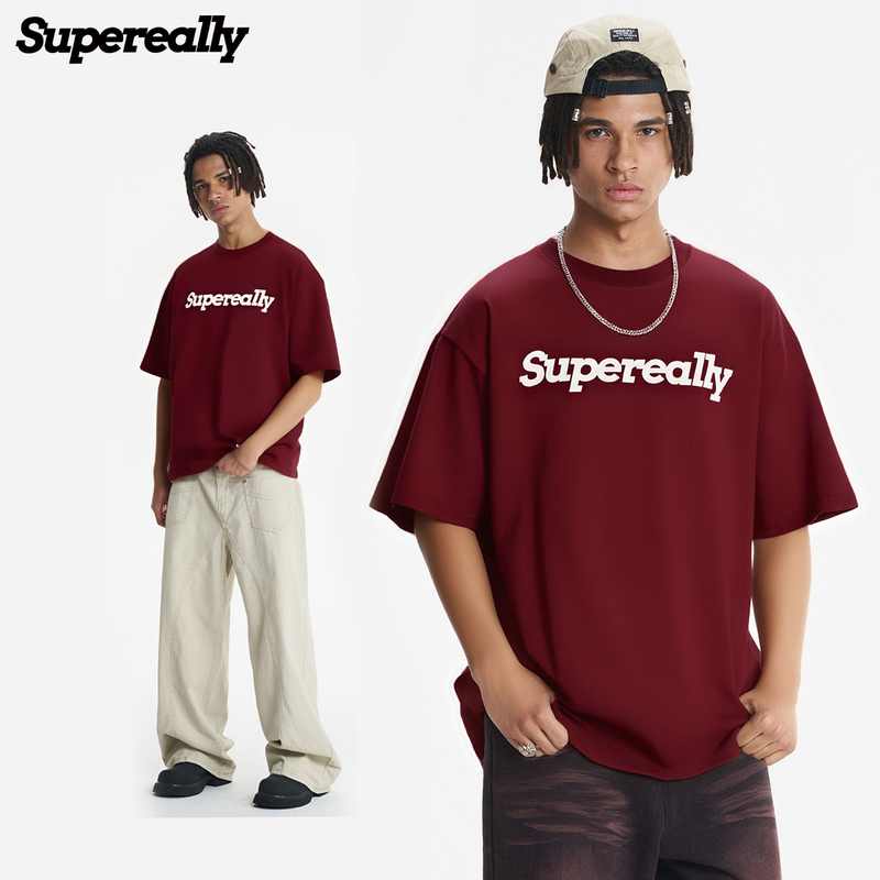 Supereally American-Style Logo Stereo Print Loose and Versatile Round Neck Work Clothing T-Shirt Short Sleeves