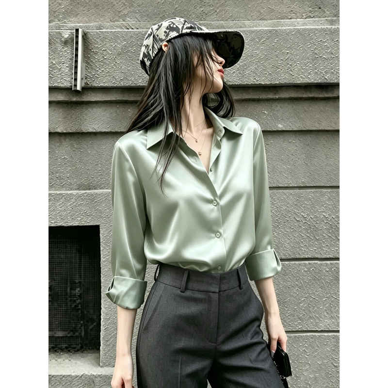Green Satin Shirt for Women, Spring and Autumn 2026 New Style, Stylish and Age-Reducing Shirt, Drapey and Silky, Professional Attire, Commuting Top Green Satin Shirt for Women, Spring and Autumn 2026 New Style, Stylish and Age-Reducing Shirt, Drapey and Silky, Professional Attire, Commuting Top