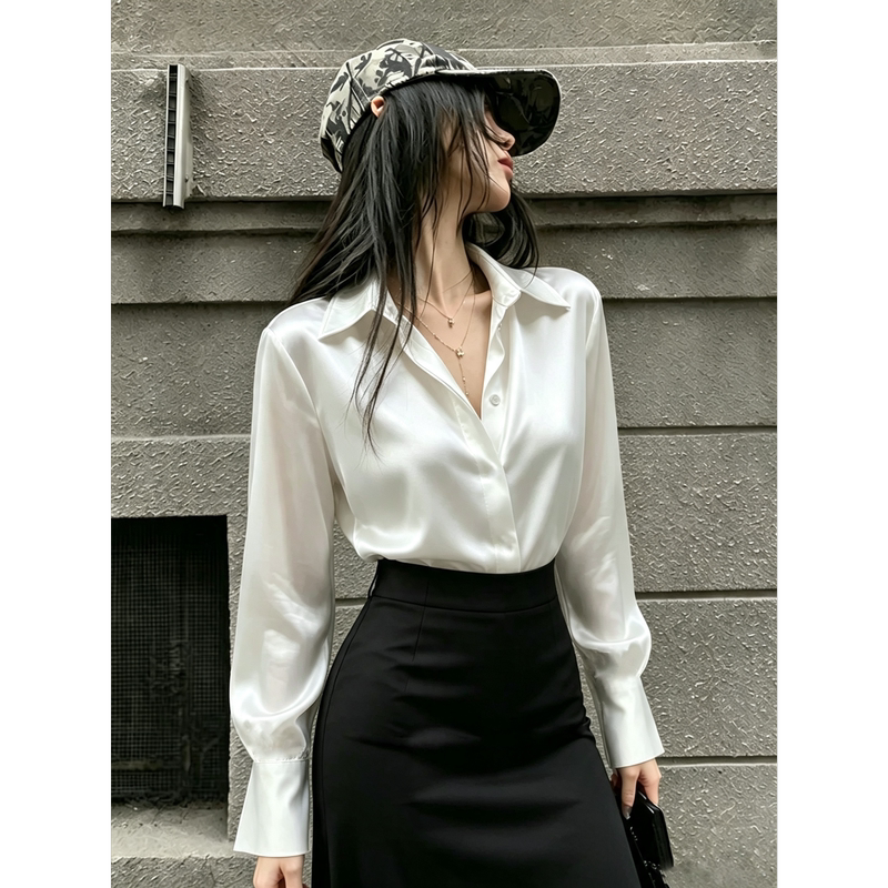 Bell-Sleeve Satin Shirt for Women, New Spring and Autumn Style, French Chic and Beautiful Top, Professional Attire, Front Desk Interview Workwear