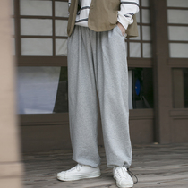  Homemade autumn light gray hanging beam leg sweatpants plus velvet sweatpants Japanese loose straight nine-point pants for men and women