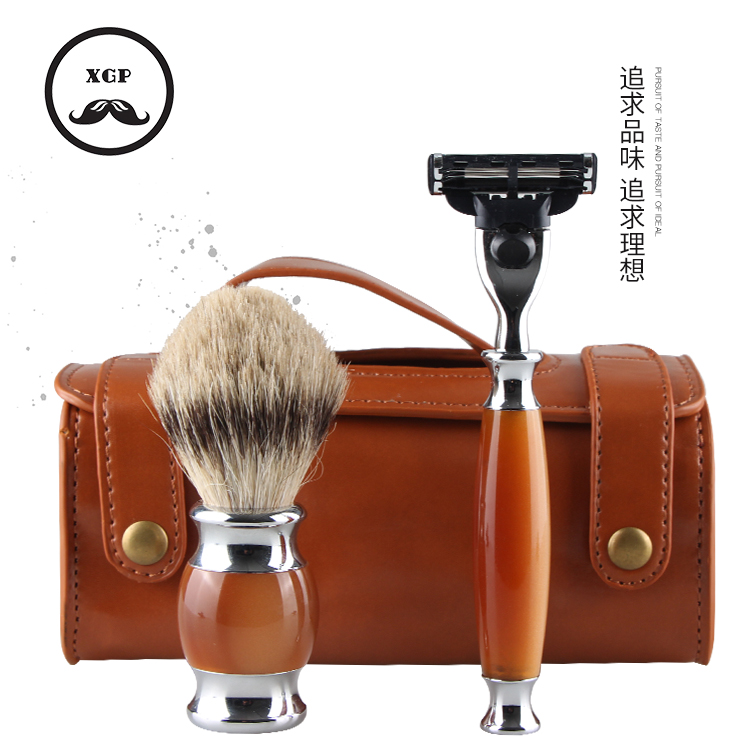 German quality men's high-end manual razor with brush travel razor resin razor cowhide bag