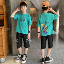 Boys summer clothing suit 2021 new 5 Summer 6 short sleeves 8 Children Korean version 9 Ocean Gas 10 Two sets 12 Tide Clothes