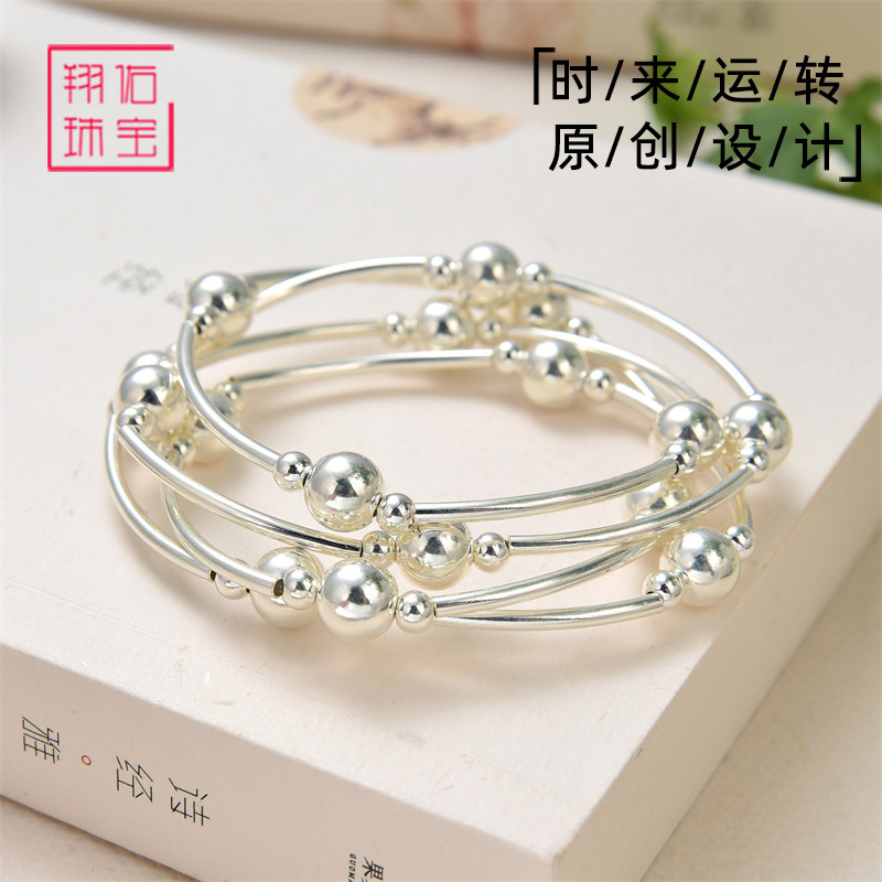 Original 999 Pure Silver Multi-Circle Silver Bead Curved Tube Bracelet for Women, Three-Circle Pure Silver Beaded Bracelet, High-End Bracelet Gift