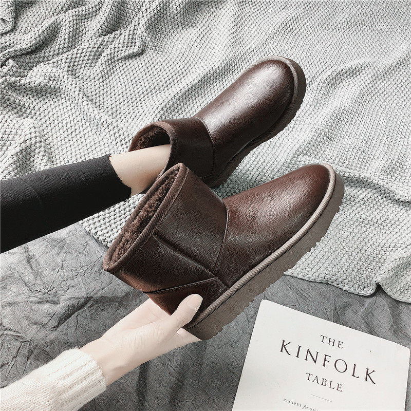 雪地靴女冬加绒皮面2019新款时尚棉鞋子皮毛一体韩版百搭保暖短靴