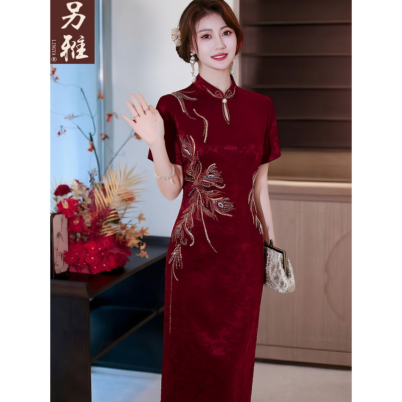 Wedding Mother's High-End Embroidered Cheongsam Dress, Mother-In-Law's Summer Satin Over-The-Knee Dress, Wedding Banquet Dress Wedding Mother's High-End Embroidered Cheongsam Dress, Mother-In-Law's Summer Satin Over-The-Knee Dress, Wedding Banquet Dress